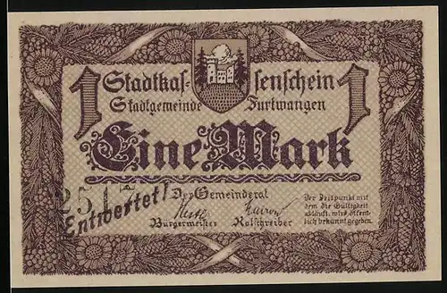 Notgeld Furtwangen 1918, 1 Mark, Wappen, Wandernder Uhrenhändler