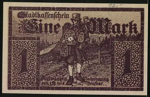 Notgeld Furtwangen 1918, 1 Mark, Wappen, Wandernder Uhrenhändler