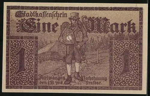 Notgeld Furtwangen 1918, 1 Mark, Wappen der Stadt, Wandernder Händler