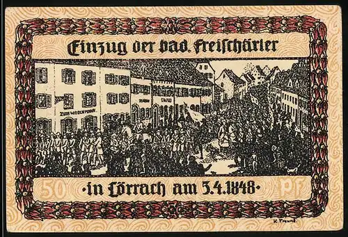 Notgeld Lörrach, 50 Pfennig, Einzug der bad. Freischärler, Insiegel