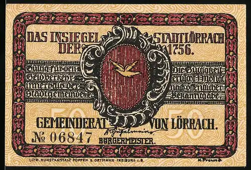 Notgeld Lörrach, 50 Pfennig, Insiegel der Gemeinde 1756, Aufruf vom Hauptquartier 1848