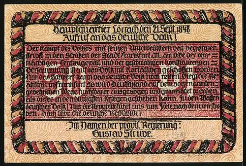 Notgeld Lörrach, 50 Pfennig, Insiegel der Gemeinde 1756, Aufruf vom Hauptquartier 1848