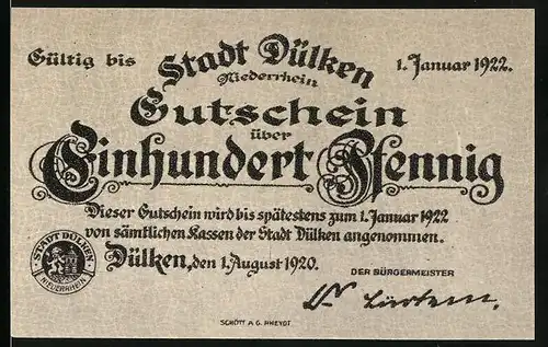 Notgeld Dülken 1920, 100 Pfennig, Ortsansicht mit Windmühlen
