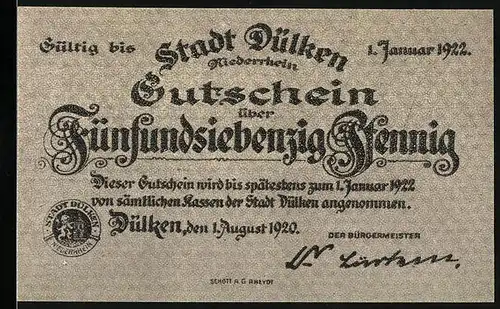 Notgeld Dülken 1920, 75 Pfennig, Feier des Neujahrsfestes 1824