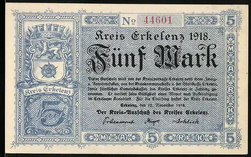 Notgeld Erkelenz 1918, 5 Mark, Wappen, Abbildung Patron Erka Virgo