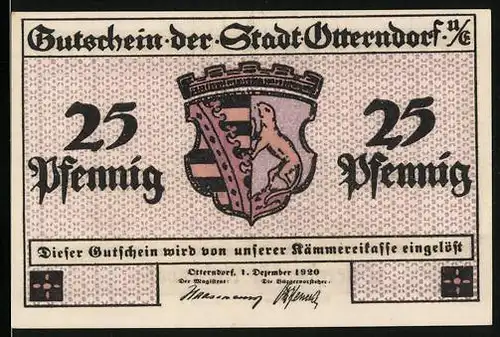 Notgeld Otterndorf u. E., 25 Pfennig, Wappen, Aussenhafen mit Segelschiffen