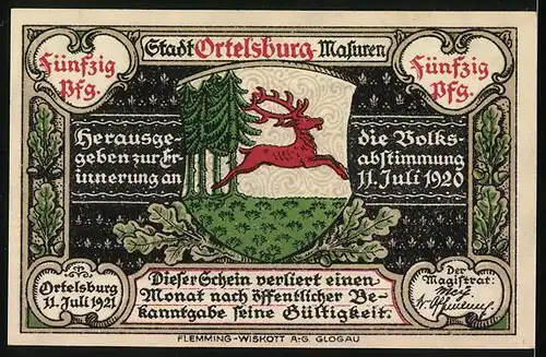 Notgeld Ortelsburg 1921, 50 Pfennig, Ortsansicht am Wasser, Wappen