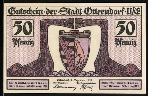 Notgeld Otterndorf u. E. 1920, 50 Pfennig, Wappen, Innenhafen mit Schiffen