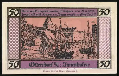 Notgeld Otterndorf u. E. 1920, 50 Pfennig, Wappen, Innenhafen mit Schiffen