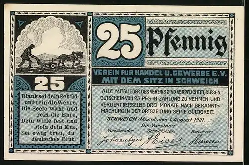 Notgeld Schweich 1921, 25 Pfennig, Schweicher Fähre, Bauer auf Feld