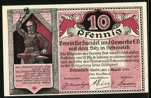 Notgeld Schweich 1921, 10 Pfennig, Am Hoch-Kreuz, Schmied bei der Arbeit