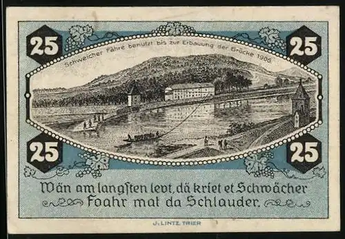 Notgeld Schweich 1921, 25 Pfennig, Bauer auf dem Feld, Schweicher Fähre
