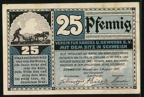 Notgeld Schweich 1921, 25 Pfennig, Bauer auf dem Feld, Schweicher Fähre