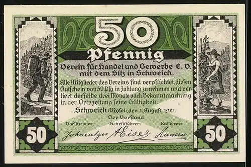 Notgeld Schweich 1921, 50 Pfennig, Männer bei der Weinlese