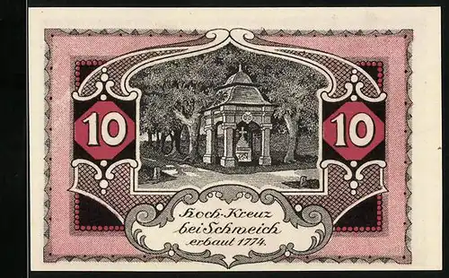 Notgeld Schweich 1921, 10 Pfennig, Strassenpartie am Hoch-Kreuz, Schmied