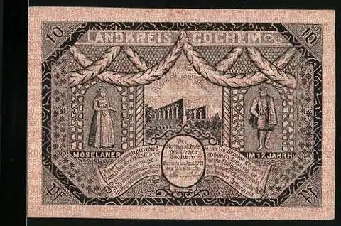 Notgeld Cochem 1921, 10 Pfennig, Moselaner im 17. Jahrh. Ruine Stubben Bremm, Ulmen-Eifel