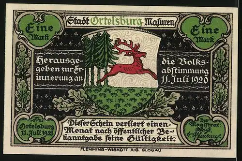 Notgeld Ortelsburg 1921, 1 Mark, Ortsansicht aus der Vogelschau, Wappen