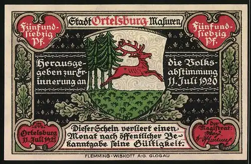 Notgeld Ortelsburg 1920, 75 Pfennig, Blick auf die Stadt, Wappen