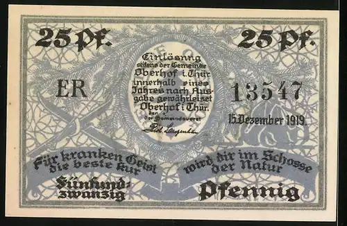 Notgeld Oberhof i. Thür. 1919, 25 Pfennig, Skifahrer im Schnee