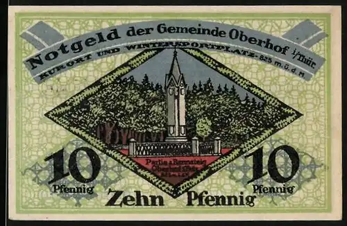 Notgeld Oberhof i. Thür. 1919, 10 Pfennig, Partie am Rennsteig Denkmal