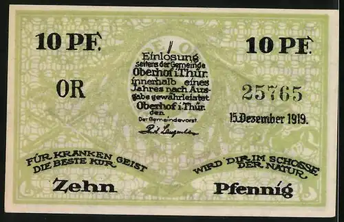 Notgeld Oberhof i. Thür. 1919, 10 Pfennig, Partie am Rennsteig Denkmal