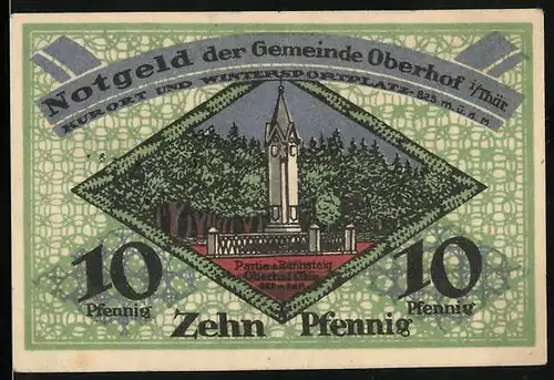 Notgeld Oberhof i. Thür. 1919, 10 Pfennig, Ansicht des Rennsteig Denkmals