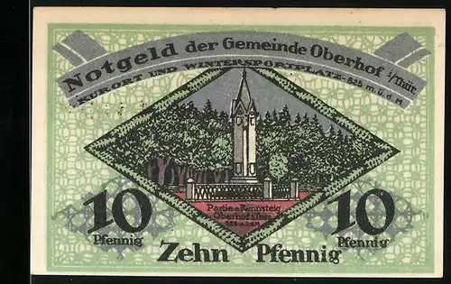 Notgeld Oberhof i. Thür. 1919, 10 Pfennig, Blick auf das Denkmal am Rennsteig