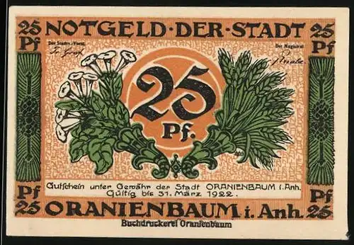 Notgeld Oranienbaum i. Anh. 1922, 25 Pfennig, Blumen und Getreide, Strassenpartie mit Kutsche