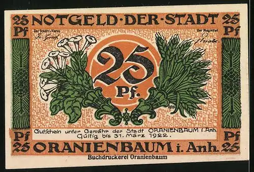 Notgeld Oranienbaum i. Anh. 1922, 25 Pfennig, Garten vor pompösen Gebäude