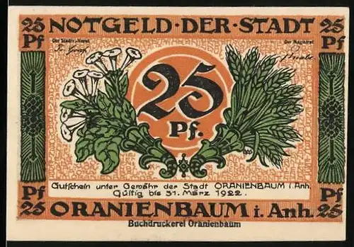 Notgeld Oranienbaum i. Anh. 1922, 25 Pfennig, Blumenschmuck, Strassenpartie mit grossem Gebäude