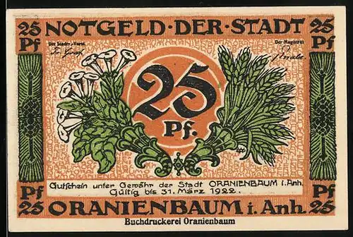 Notgeld Oranienbaum i. Anh. 1922, 25 Pfennig, Strassenpartie mit Blick zum grossen Gebäude
