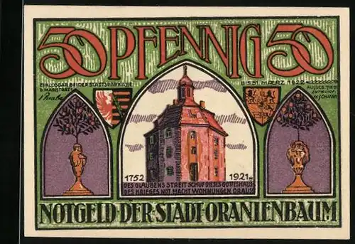 Notgeld Oranienbaum 1921, 50 Pfennig, Ansicht des Kirchturms, Fürstin Henriette Katharina