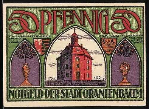 Notgeld Oranienbaum 1921, 50 Pfennig, Turm des Gotteshauses, Fürst Leopold v. Anhalt