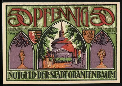 Notgeld Oranienbaum 1922, 50 Pfennig, Strassenpartie zur Kirche, Fürst Leopold