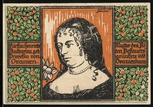 Notgeld Oranienbaum 1922, 50 Pfennig, Fürstin Henriette Katharina, Strassenpartie mit Kirche
