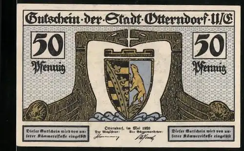 Notgeld Otterndorf u. E. 1920, 50 Pfennig, Wappen, Am Innenhafen mit Schiffen und Brücke