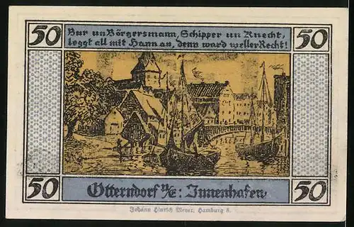 Notgeld Otterndorf u. E. 1920, 50 Pfennig, Wappen, Am Innenhafen mit Schiffen und Brücke