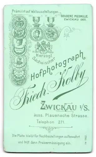 Fotografie Friedr. Kolby, Zwickau i. S., äuss. Plauensche Strasse, Schöne Dame mit Lockenfrisur u. verziertem Kleid