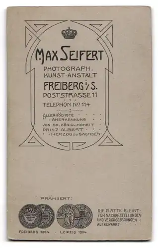 Fotografie Max Seifert, Freiberg i. S., Poststr. 11, Ältere Dame in tailliertem Kleid neben Ehemann mit Schnauzbart