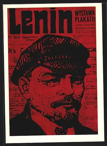 Künstler-AK Wystawa plakatu, Lening mit Schiebermütze auf einem roten Plakat