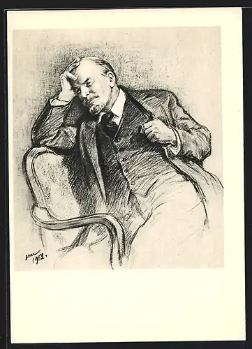 Künstler-AK Lenin sitzt in nachdenklicher Pose auf einem Stuhl
