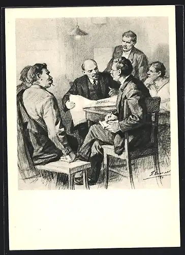Künstler-AK Lenin sitzt mit weiteren Herren bei Tisch und liest Zeitung