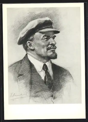 Künstler-AK Lenin im Anzug mit schwarzer Krawatte und Mütze