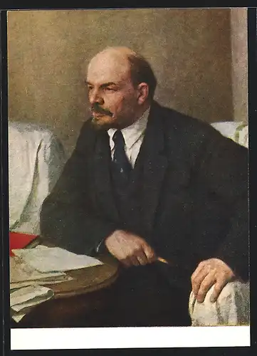Künstler-AK Lenin im schwarzen Anzug vor Dokumenten an einem Tisch