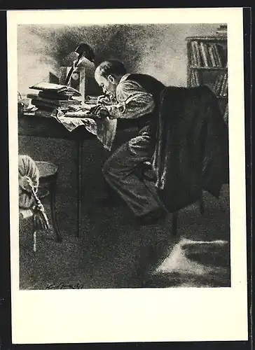Künstler-AK Lenin beim Arbeiten an seinem Schreibtisch