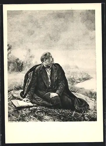 Künstler-AK Lenin sitzt mit einem Notizbuch am Wasser