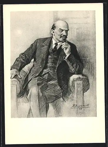 Künstler-AK Lenin sitzt schmunzelnd in einem Sessel