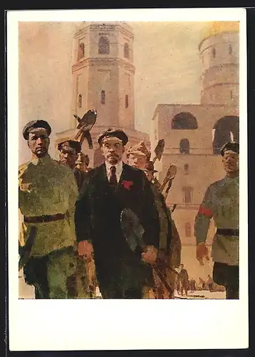 Künstler-AK Lenin marschiert mit seinen Soldaten durch München
