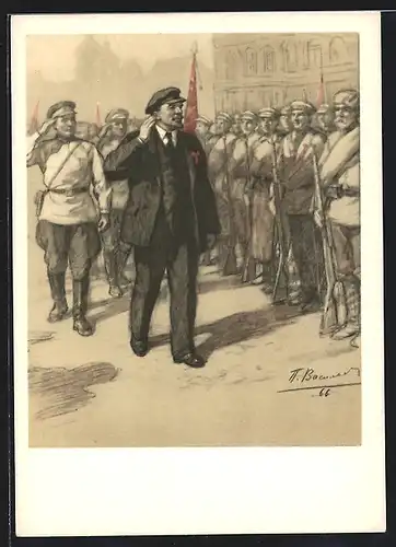 Künstler-AK Lenin grüsst seine Soldaten, rote Schleife am Anzug