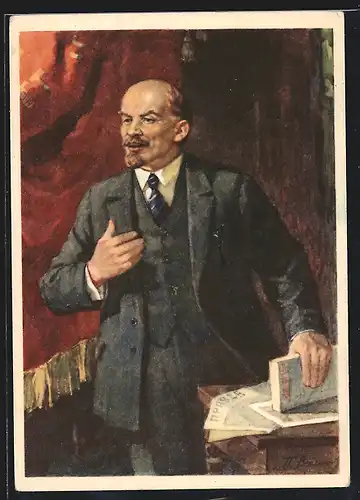 AK Portrait Lenin mit Zeitung und Buch
